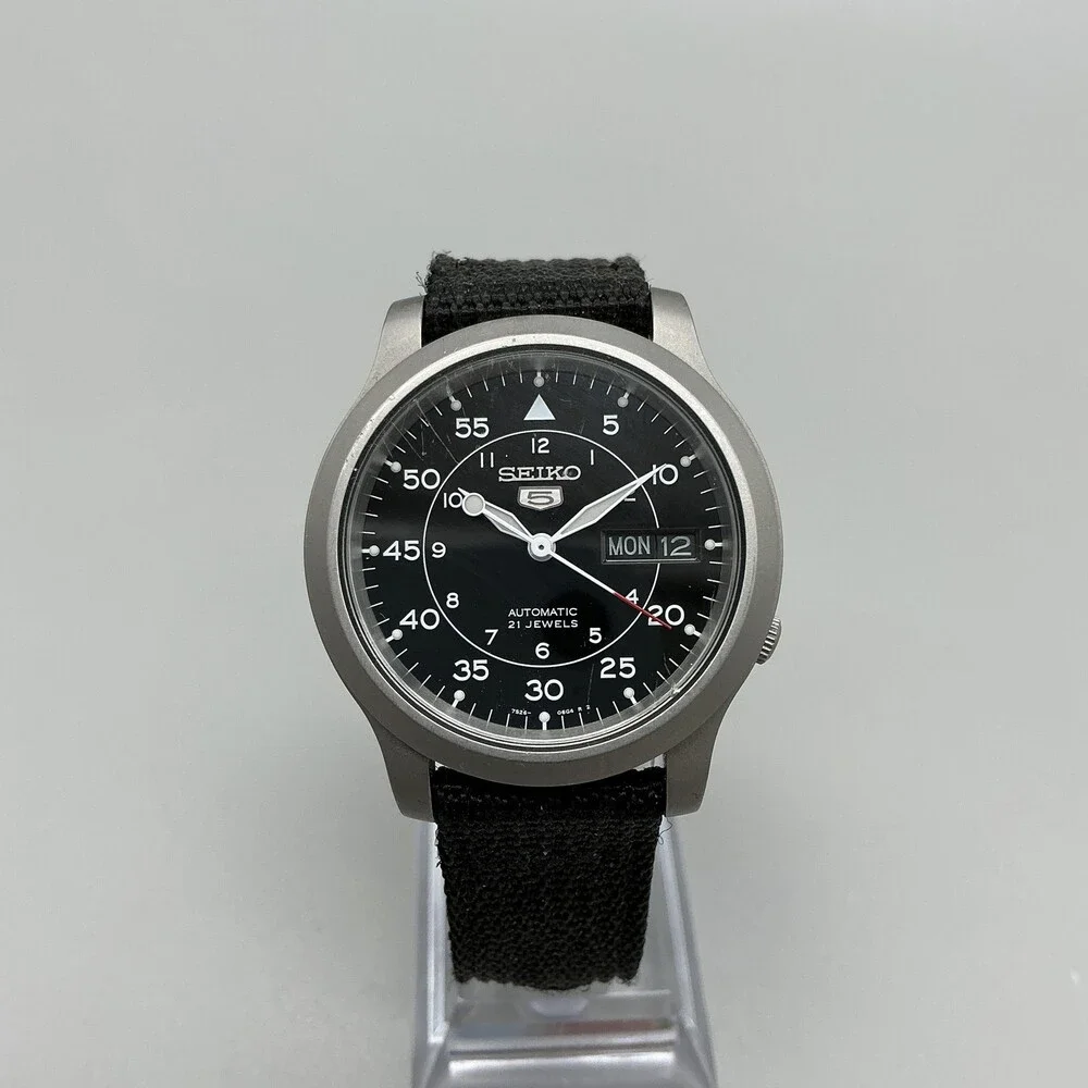 Seiko 5 Automatic Mens Watch 37mm Black Dial Nylon Strap Day Date 7S26-02J0